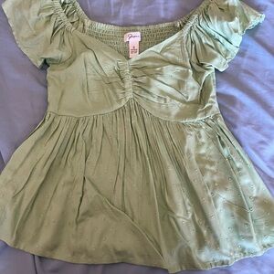 Japna Light Green Puff-Sleeve Ruched Bodice Blouse